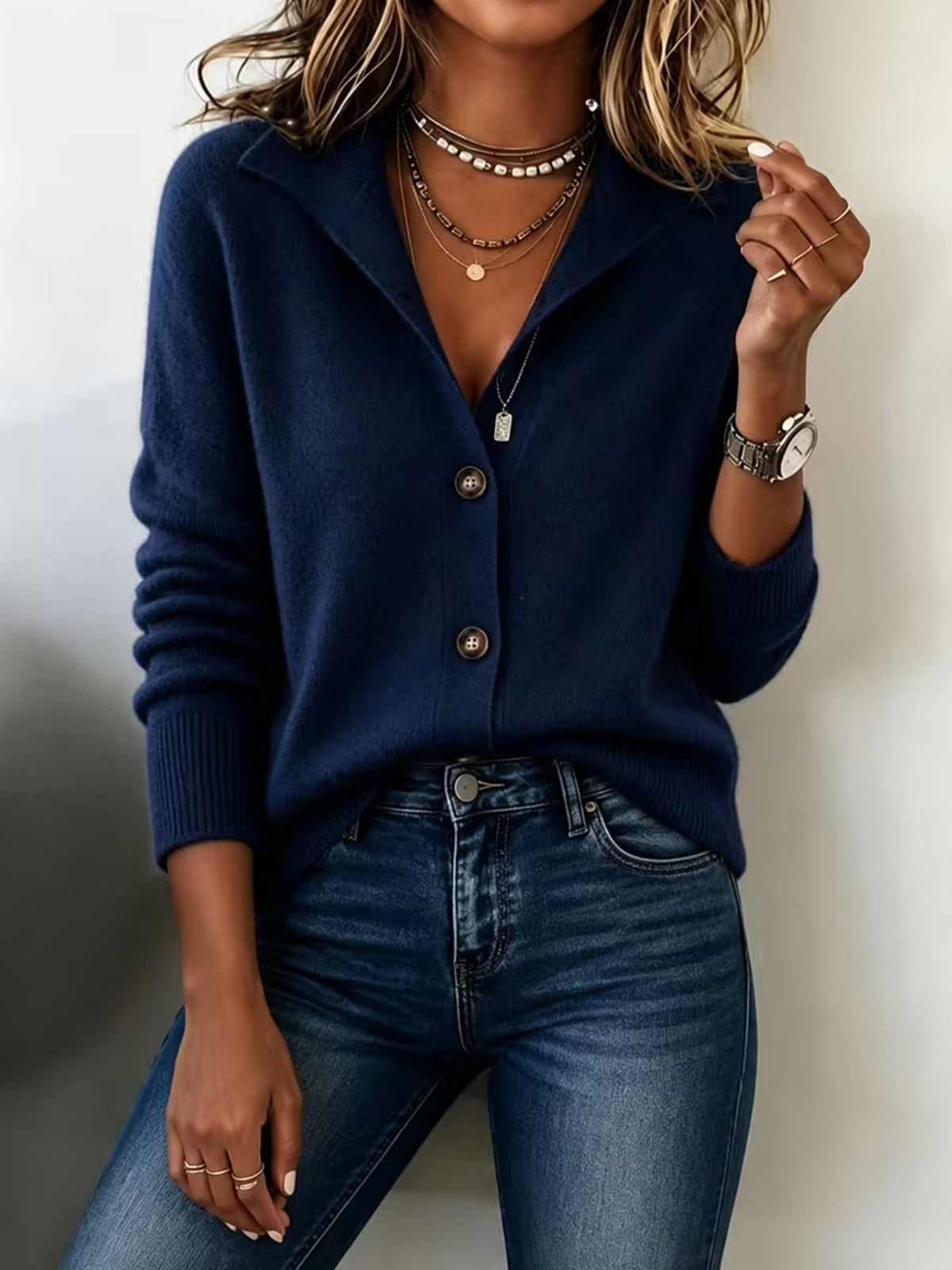 Style Retro pour femme Solid Color Stand Collar Cardigan