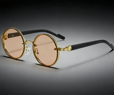 Lunettes de soleil vintage à cadre rond pour femmes Style de punk en métal avec des temples en grain de bois élégant et