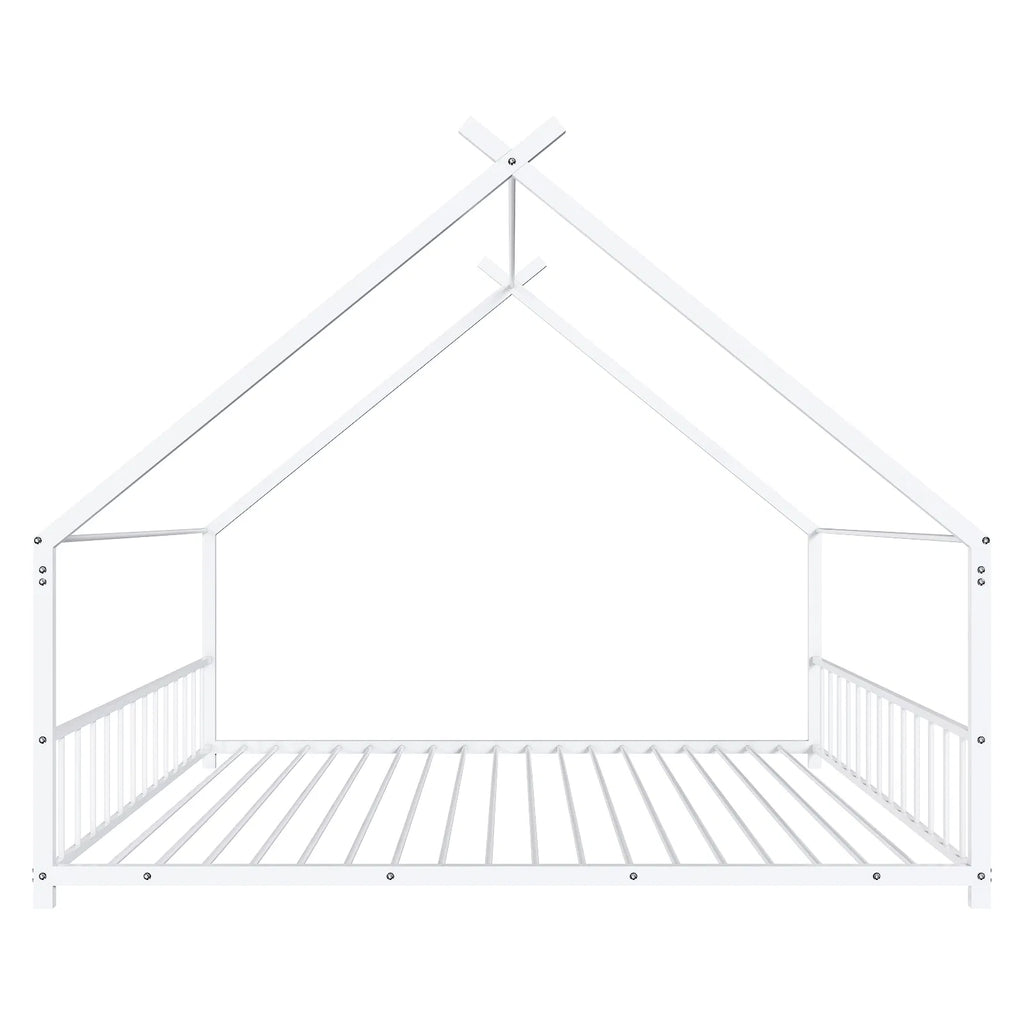 Maison de lit plat blanc en forme avec garde-corps latéraux Lit de fer pour enfants jumeaux