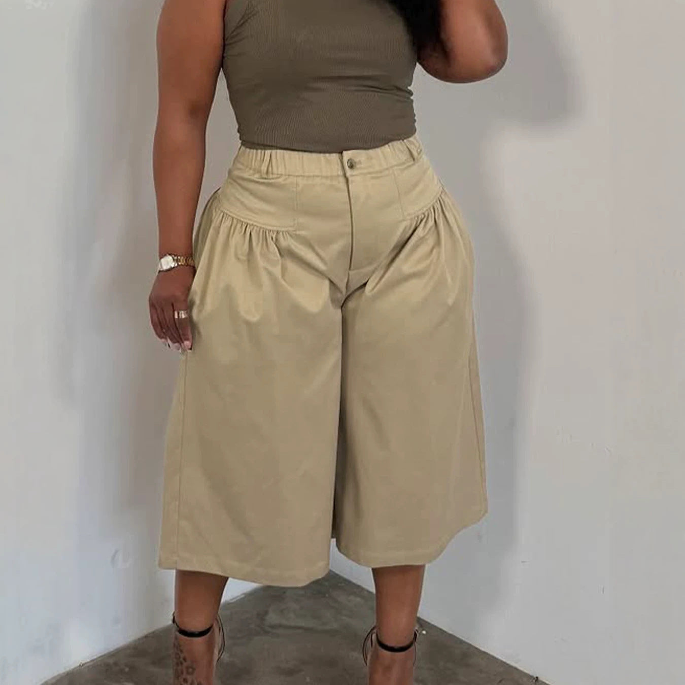 Ld2849 Khaki semi-élastique Waistband Front plissé large-leg Loose Fit Drapey Straight Casua
