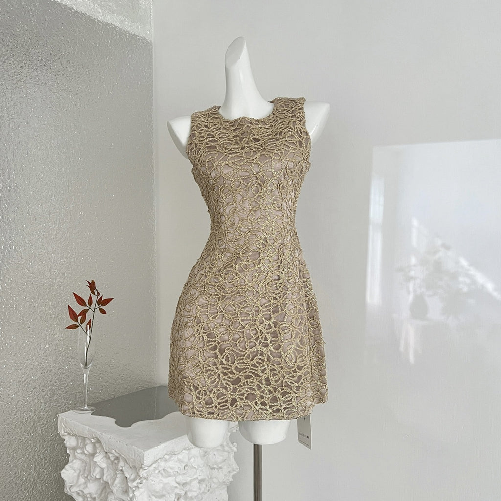 Robe de club Slim Fit pour femme - Fil d'or Broderie 3D Midi Robe formelle