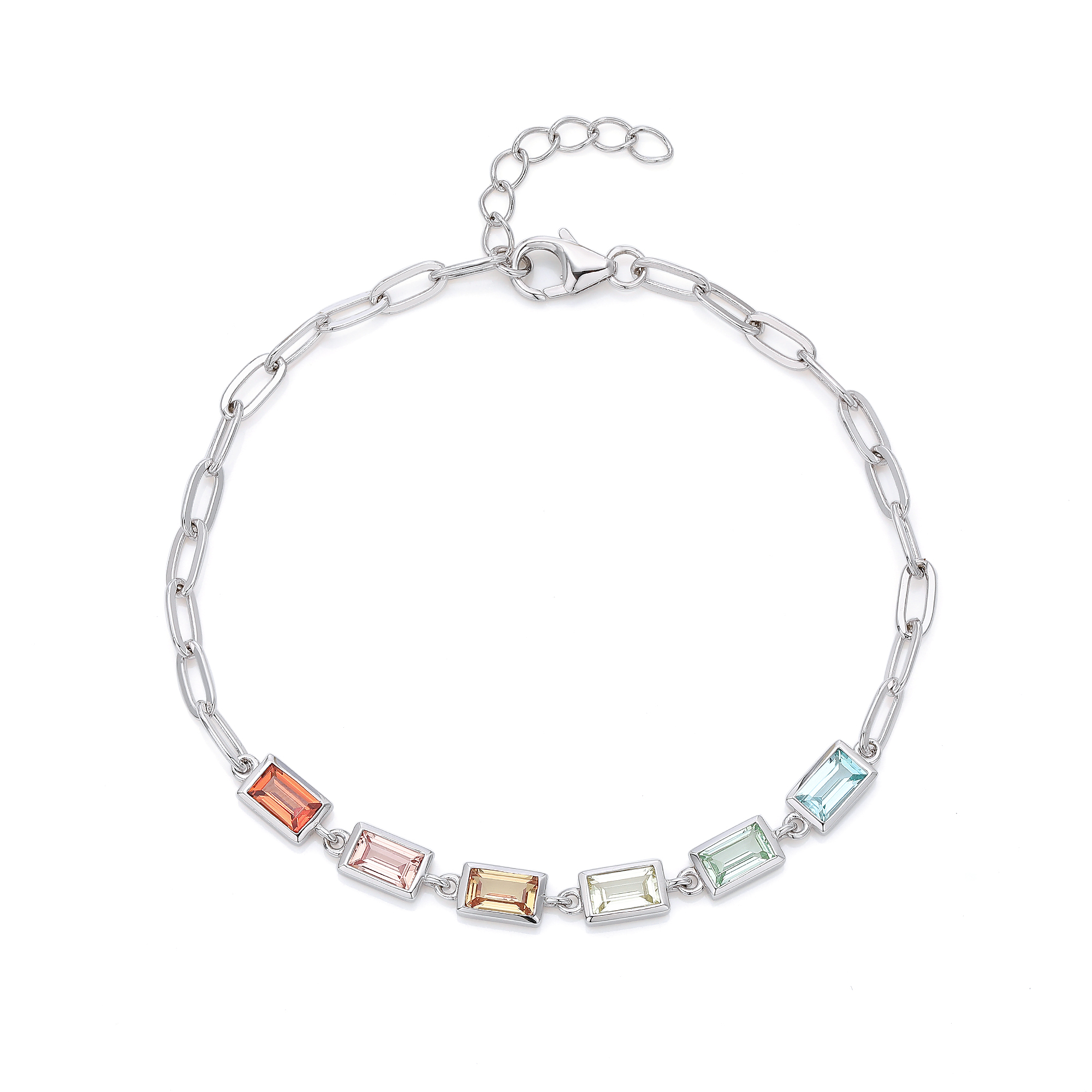S925 Argent Sterling Rectangle Rainbow Lab-Grown Bracelet en pierre gemme 16cm Paperclip Chaîne Pl