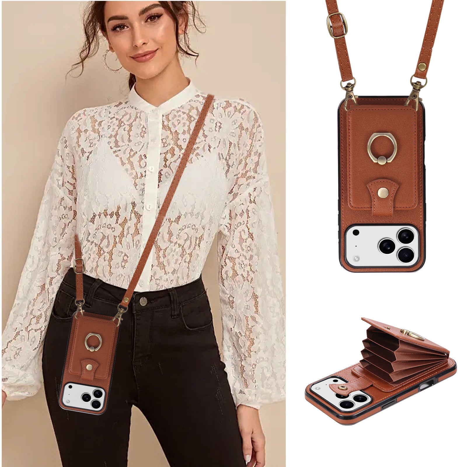 Étui de téléphone en cuir avec support de bague et carte Slot Drop Proof Protective Case