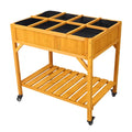 Elevated 8 Pocket Herb Garden Bed, Mobile Raised Customizable Wood Planter For Herbs, Vegetables, Flowers W/ Lockable Wheels, Storage Shelf, Drainage