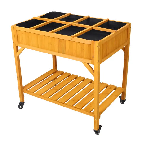 Elevated 8 Pocket Herb Garden Bed, Mobile Raised Customizable Wood Planter For Herbs, Vegetables, Flowers W/ Lockable Wheels, Storage Shelf, Drainage