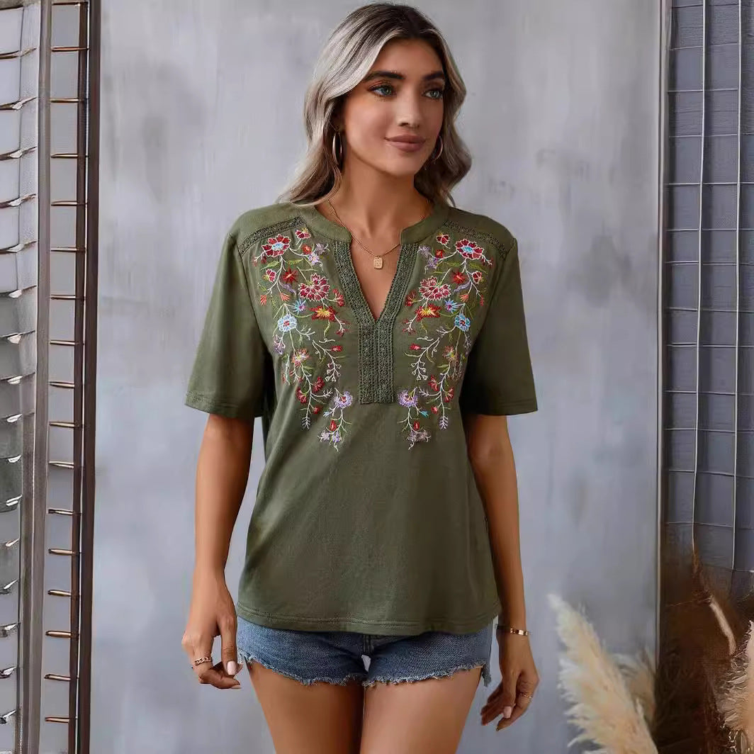 Mode d'été européenne et américaine Dix mille aiguilles broderies Splicing Dentelle Top Wome