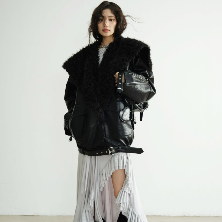 Mi-longueur Veste en cuir de silhouette PU poids lourd