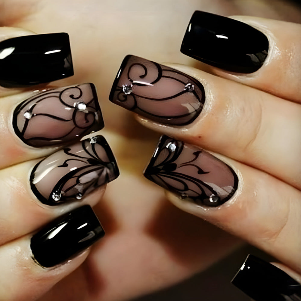24 pièces Short Square Mystérieux Black Vine-stude Diamond-accented Nail Polish Set. Appuyez sur