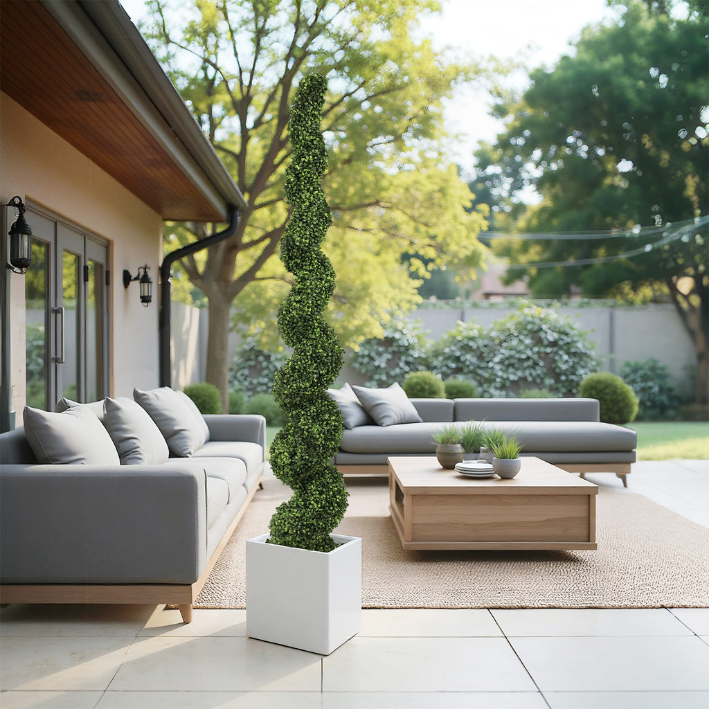 7FT Spiral Arbres topiaires artificiels à l'extérieur Faux Boxwood Plantes Grand Pot vert tordu