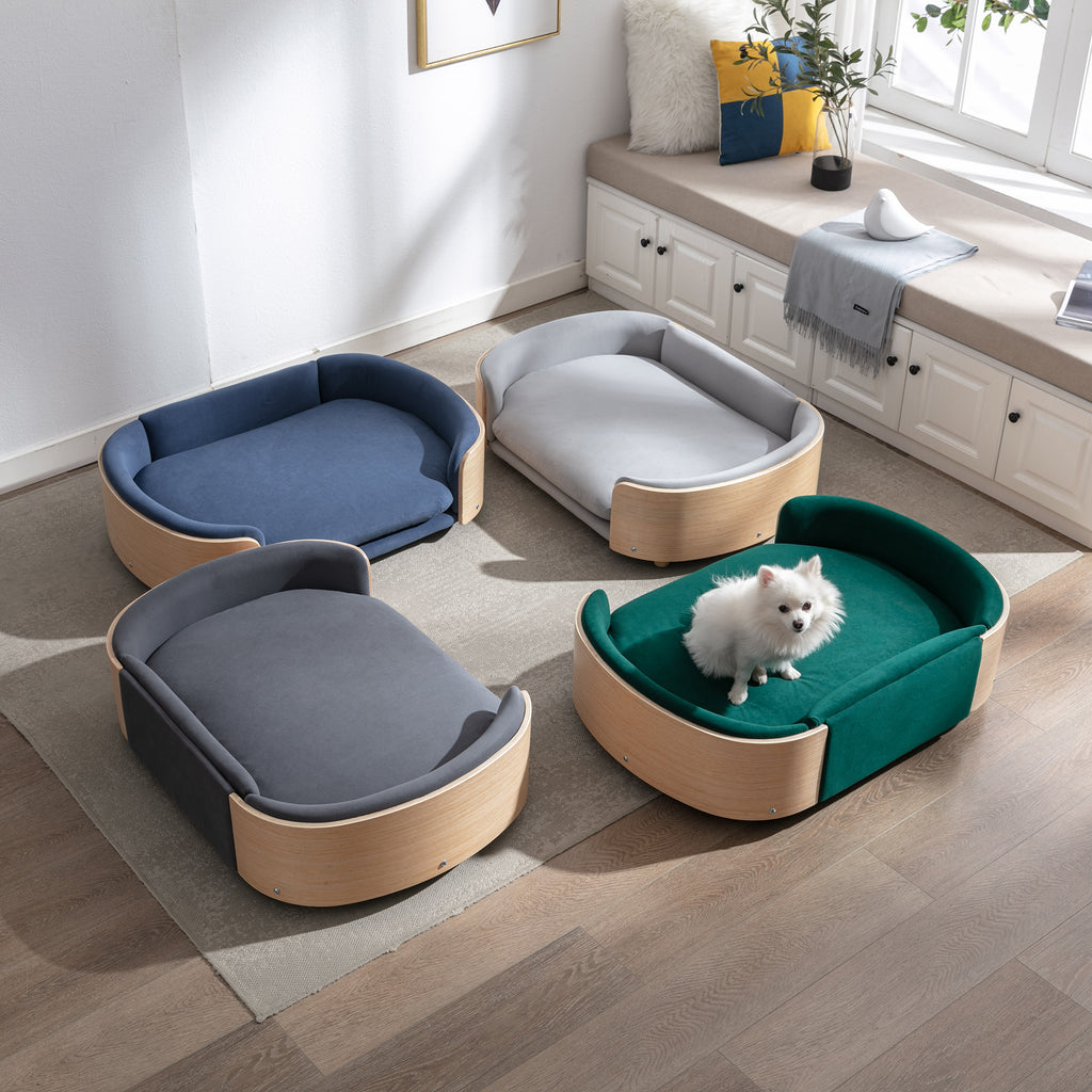 Style scandinave Lit de chien élevé Canapé pour animaux avec pieds en bois massif et dos en bois bent