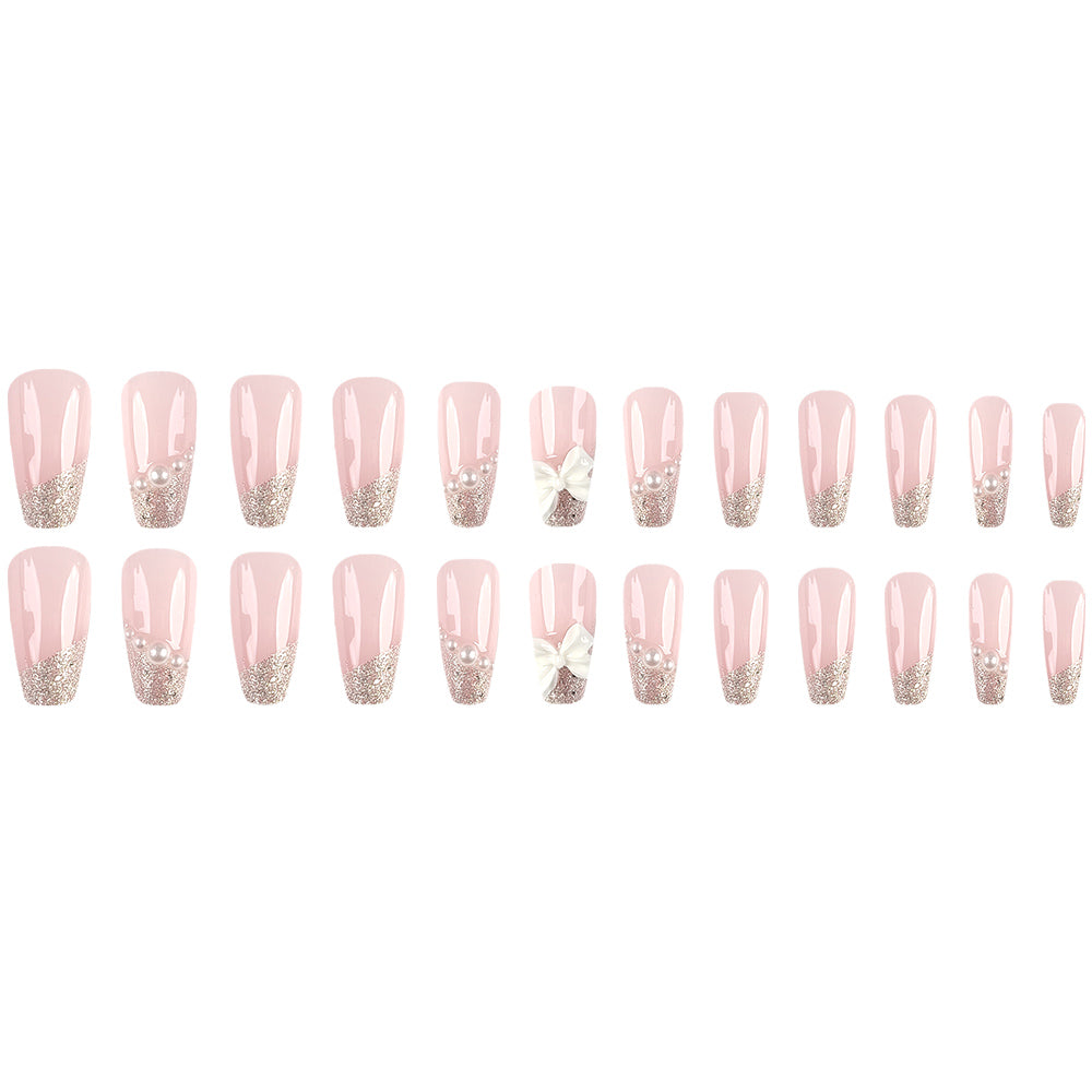 24 pièces de long style en forme de cercueil rose Gradient ongles artificiels avec Y2K argent brillant