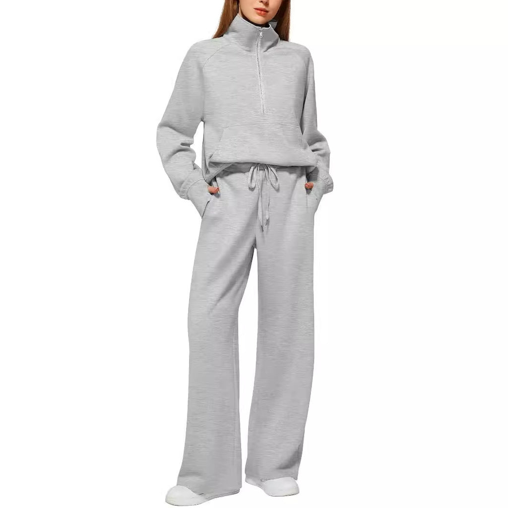 European and American Amazon Women's Two Piece Set Sweatshirt surdimensionné demi-zip Wide-Leg