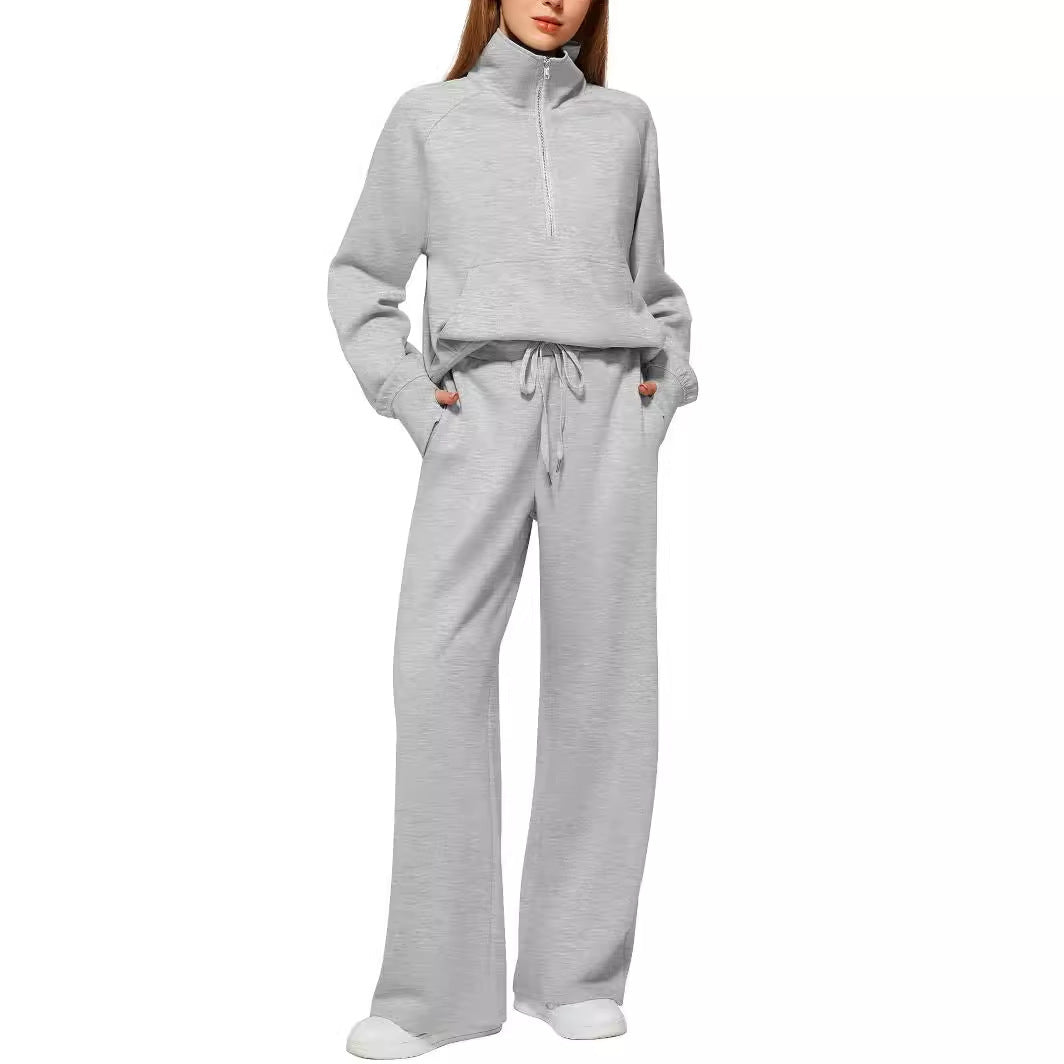European and American Amazon Women's Two Piece Set Sweatshirt surdimensionné demi-zip Wide-Leg