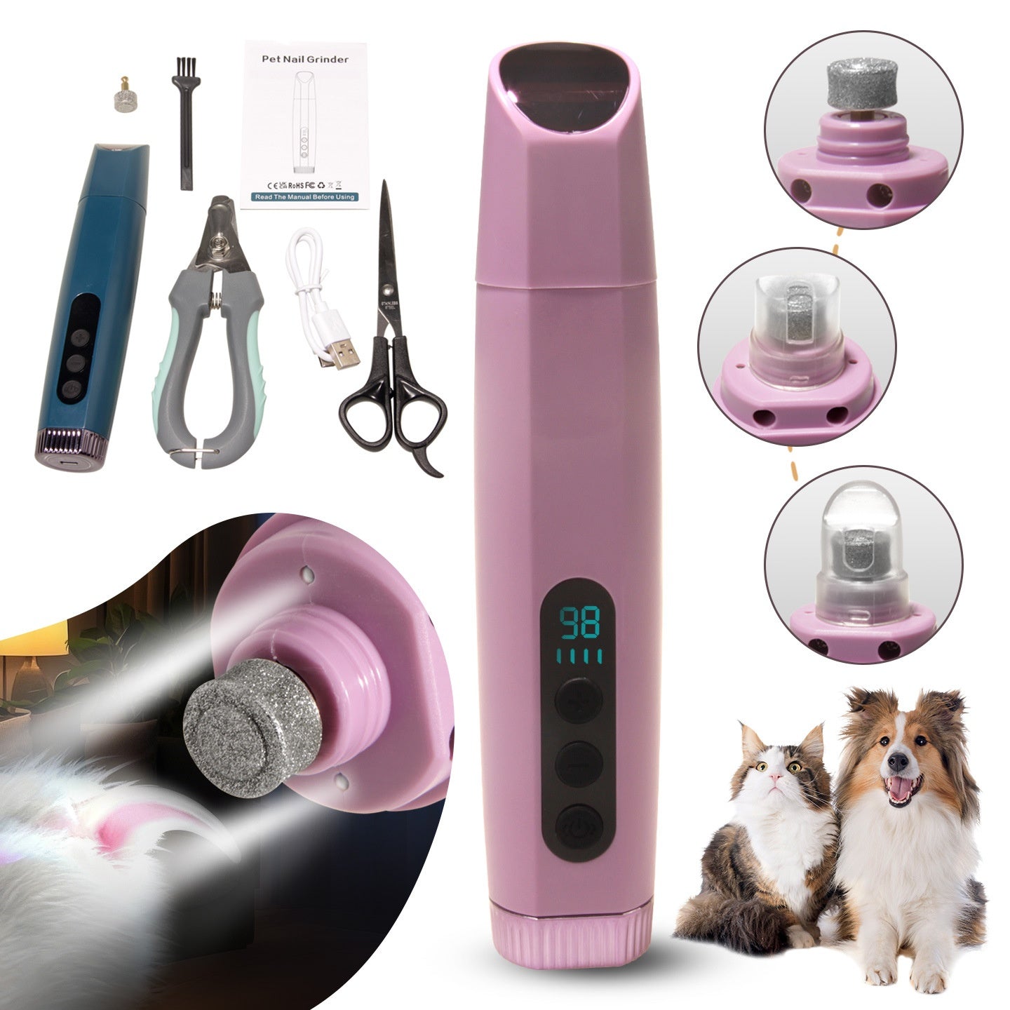 Grindeuse à ongles pour animaux de compagnie rechargeable avec réglage à six vitesses