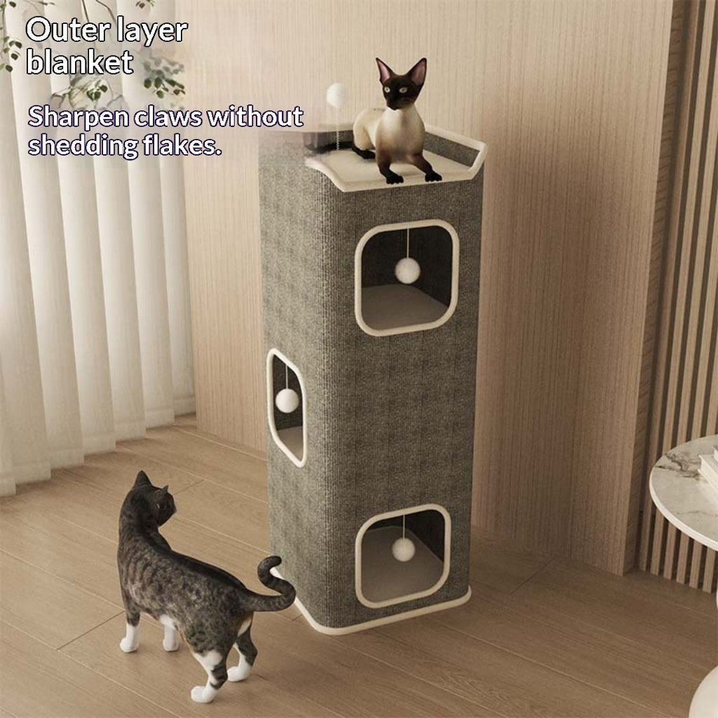 Lit de chat semi-fermé toute la saison avec scratcher intégré et arbre.
