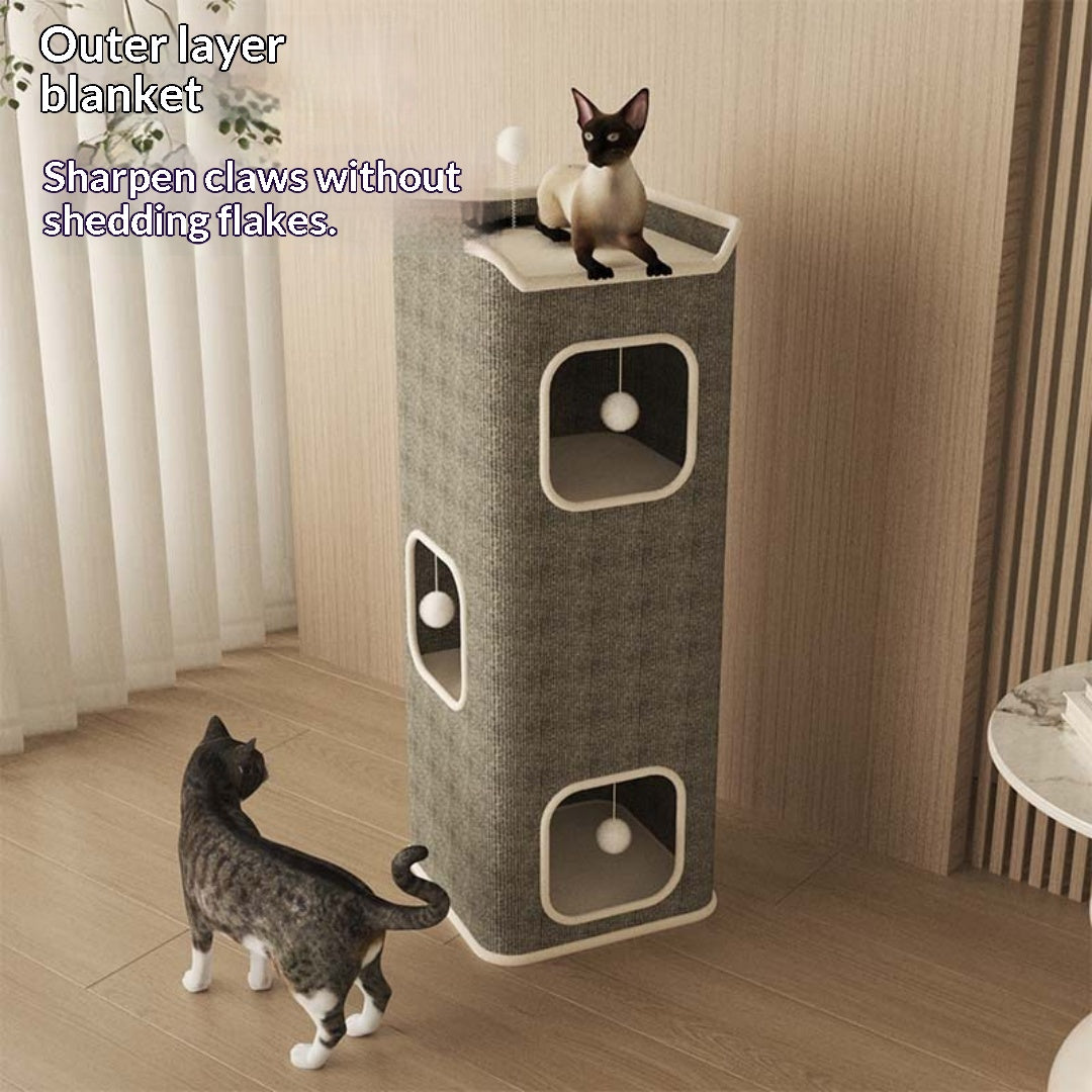 Lit de chat semi-fermé toute la saison avec scratcher intégré et arbre.