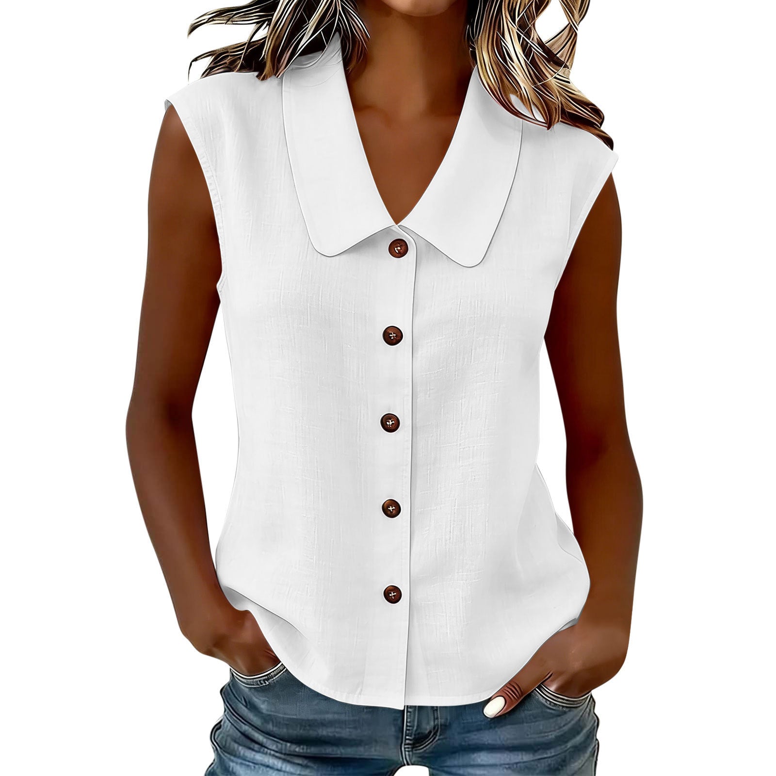 Printemps été femmes S Élégante entreprise Polo cou bouton bas Blouse sans manches