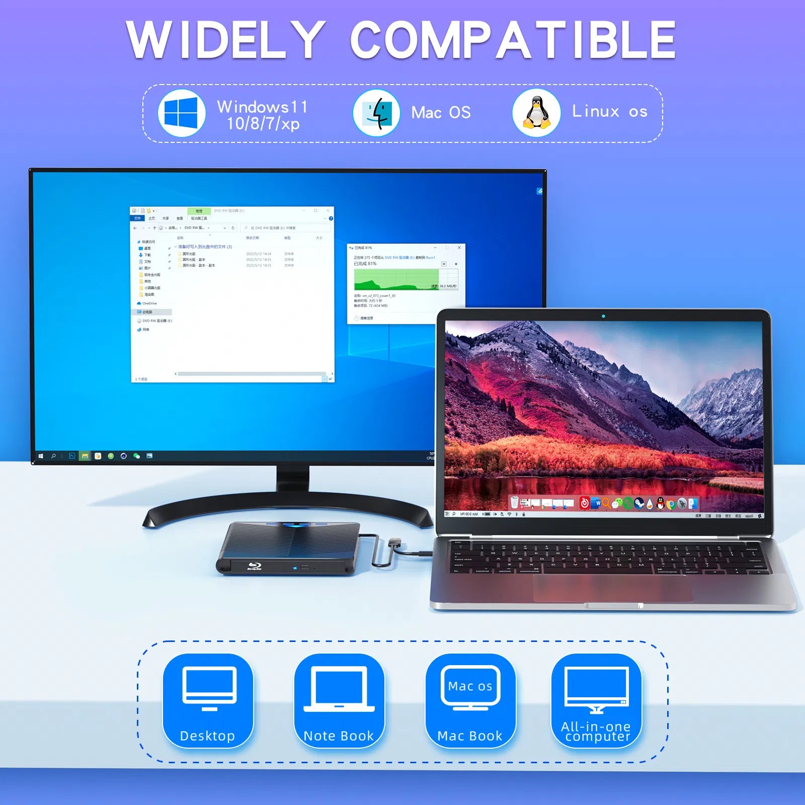 Disque externe CD DVD pour PC Ordinateur portable Windows 11 10 USB 3.0 graveur lecteur