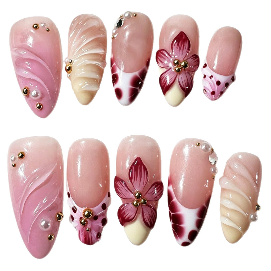 Nu de longueur moyenne Gradient Nails à pression florale tridimensionnels