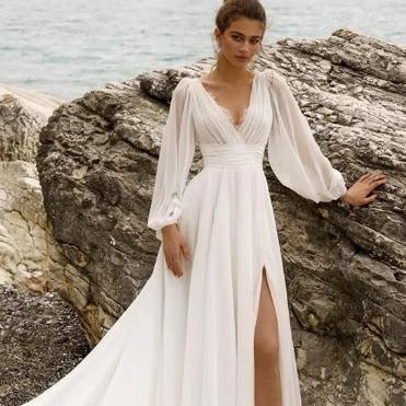 European and American High Waist Plus Size Deep V Long Sleeve Moping Backless Wedding Dre