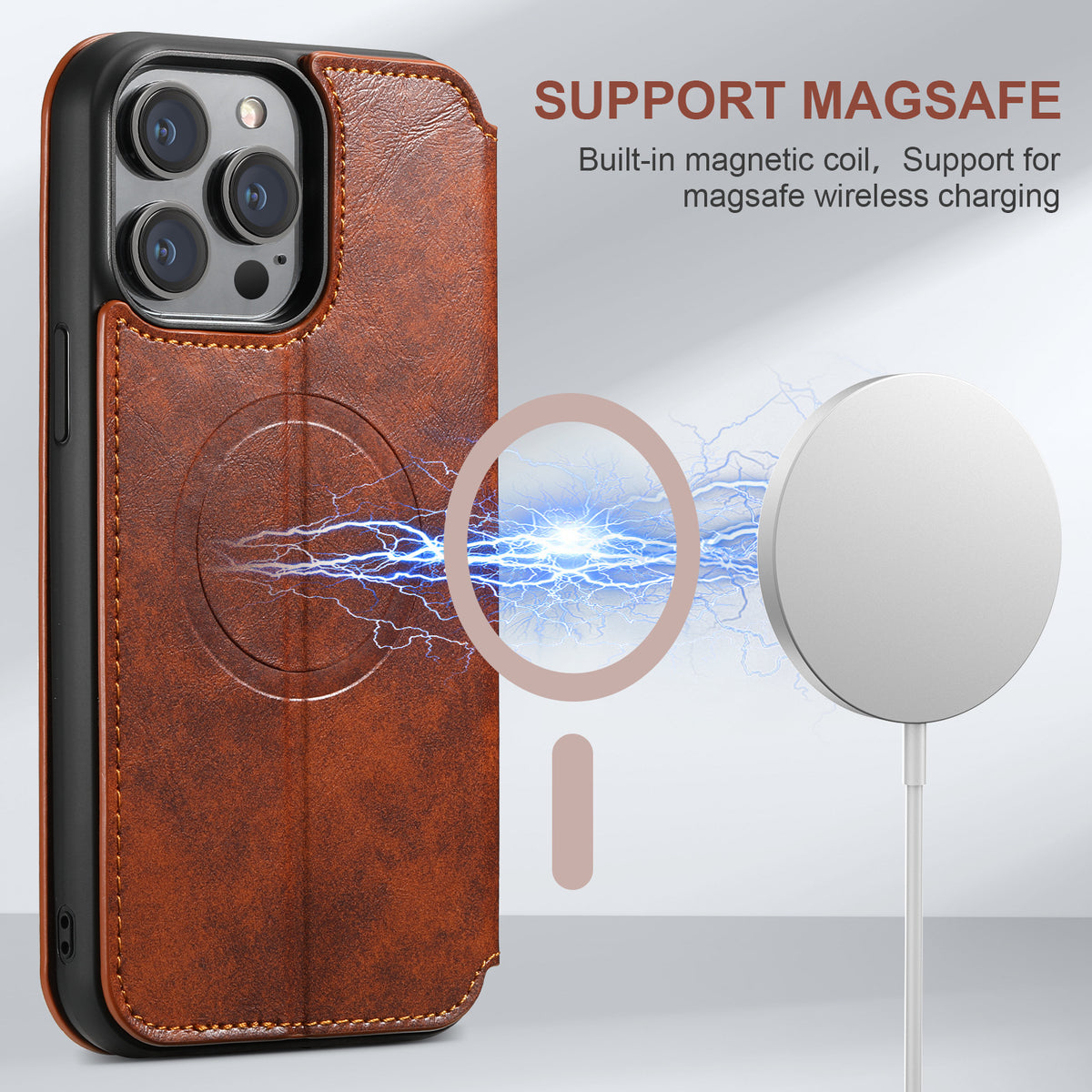 Boîtier de téléphone de protection sans fil de chargeur magnétique en cuir