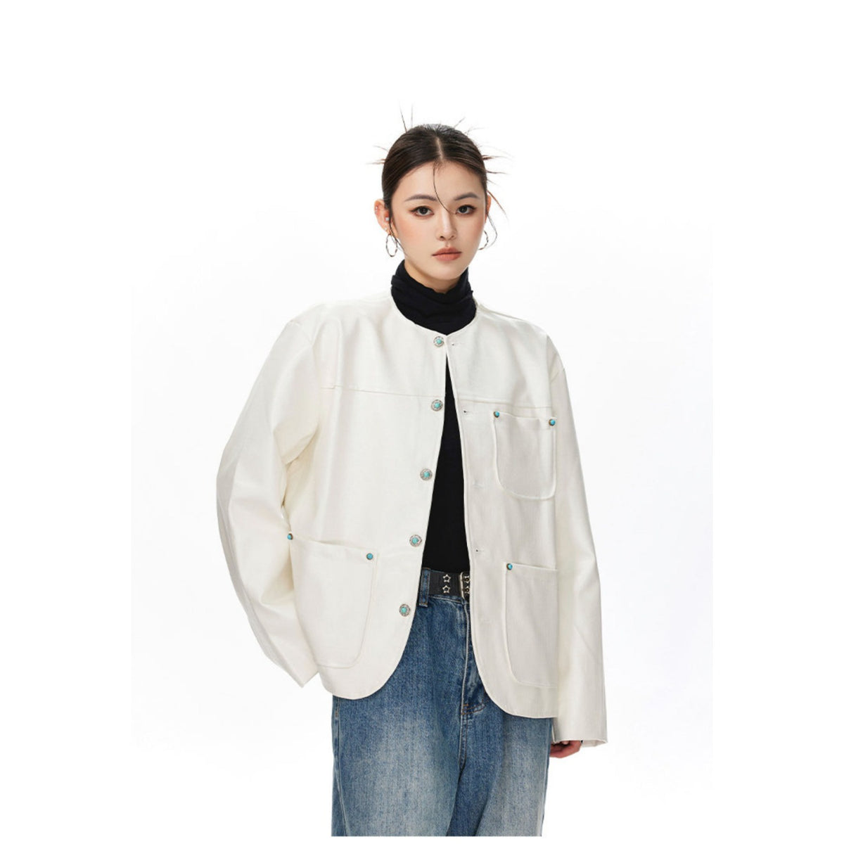 Veste en cuir sans collier pour femmes