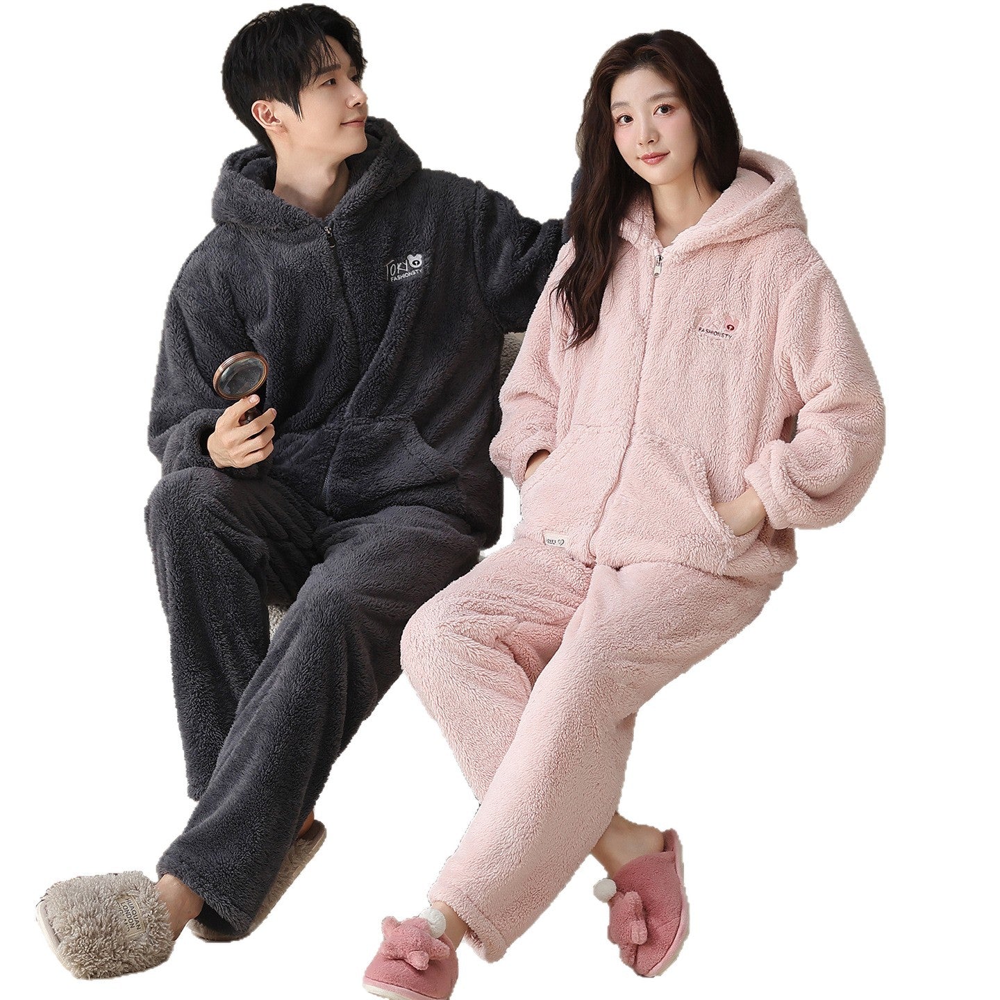 Couple peluche pyjama femme hiver casual zipper vêtements de dessus à capuche vêtements de maison pour hommes