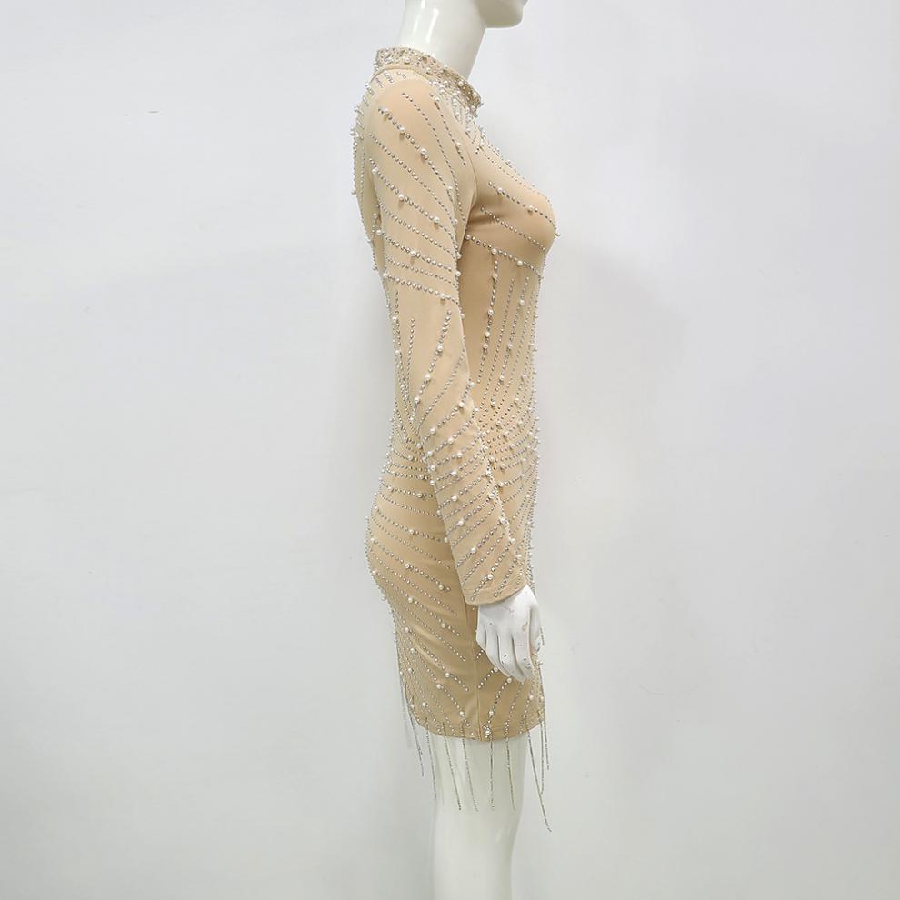 Lourd Industrie Perle Strass Stretch Side Seam Tassel Robe courte
