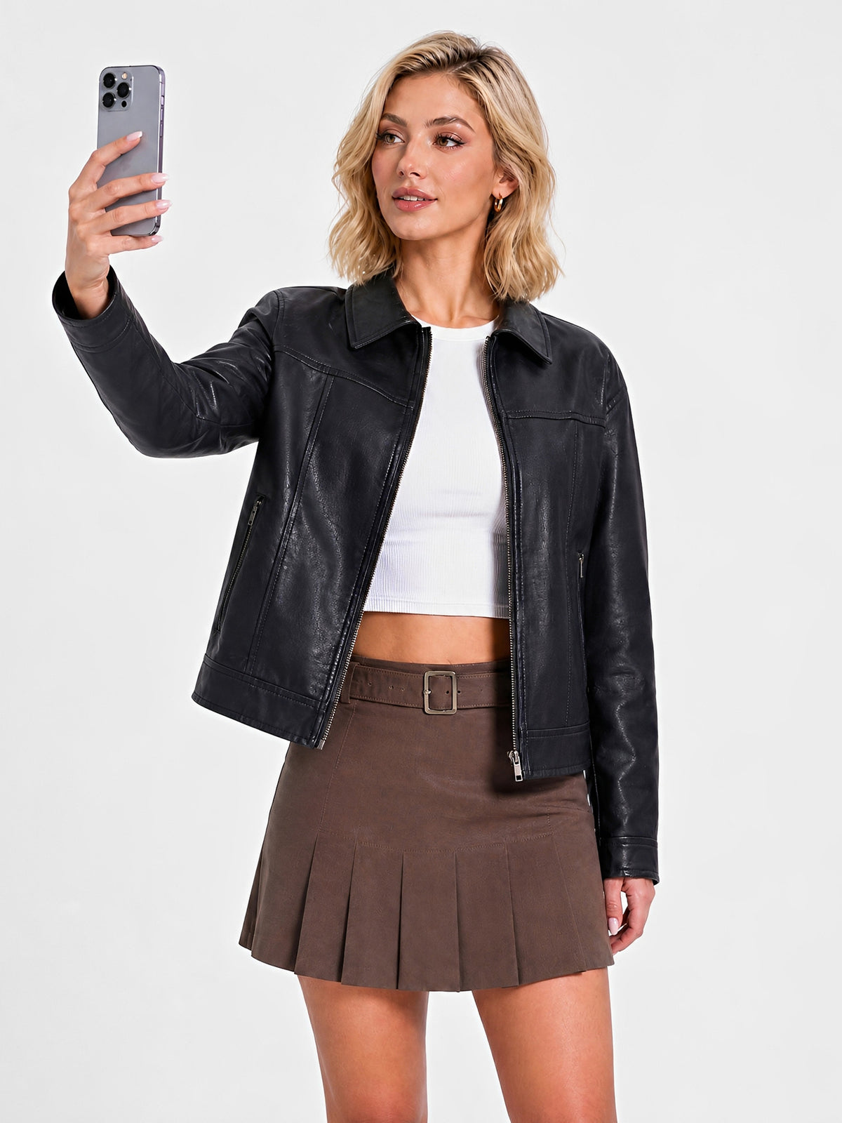26 En cuir d'automne et d'hiver manches longues femmes minces Taille européenne manteau Mode Casual Zi