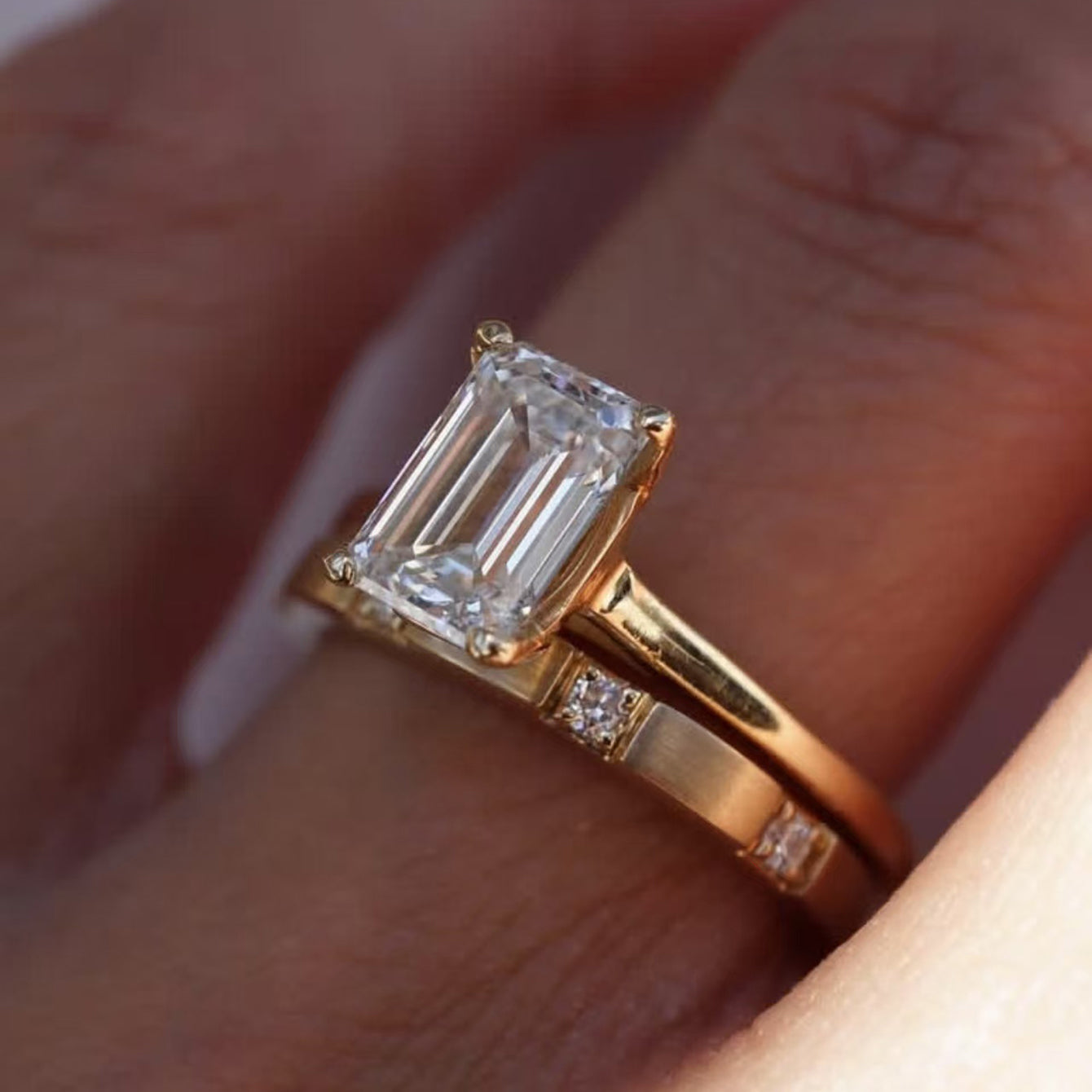 S925 Argent plaqué or 3ct Émeraude coupée Moissanite Anneau de mariage Set 7x9mm D Couleur VVS1 US 6