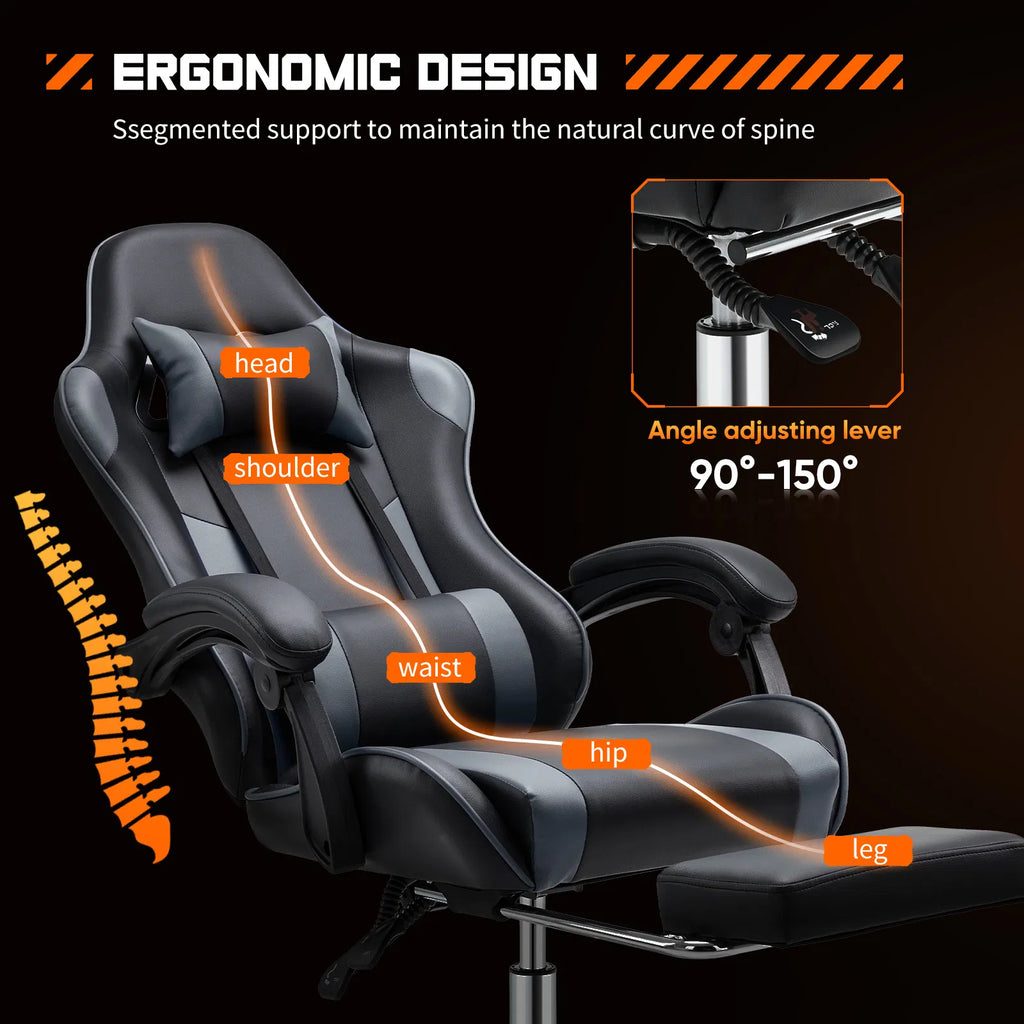Chaise de bureau de jeu vidéo - Ergonomic Computer avec repose-pieds et lombaire confortable