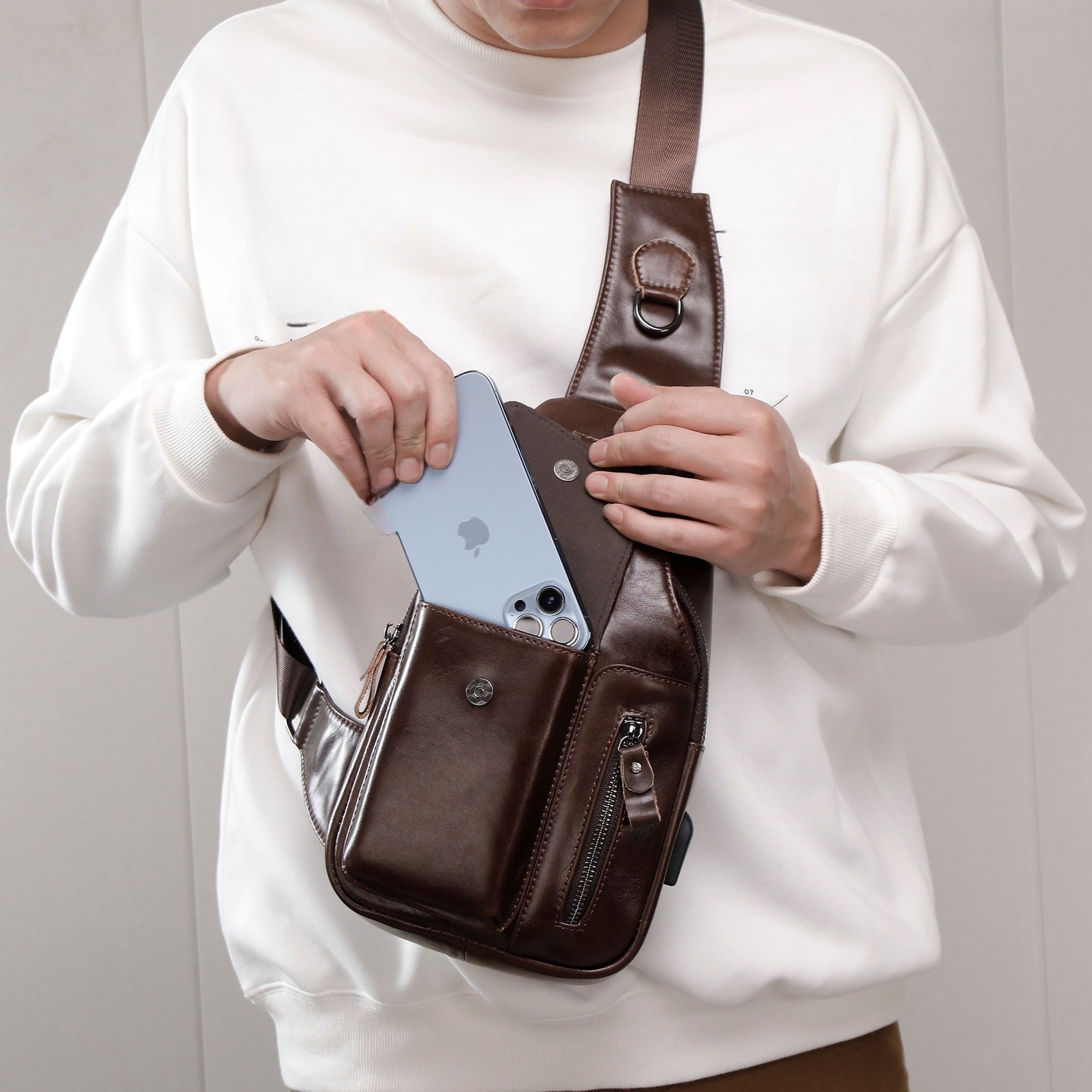 Véritable cuir homme Multifonctionnel Vieux sac de corps