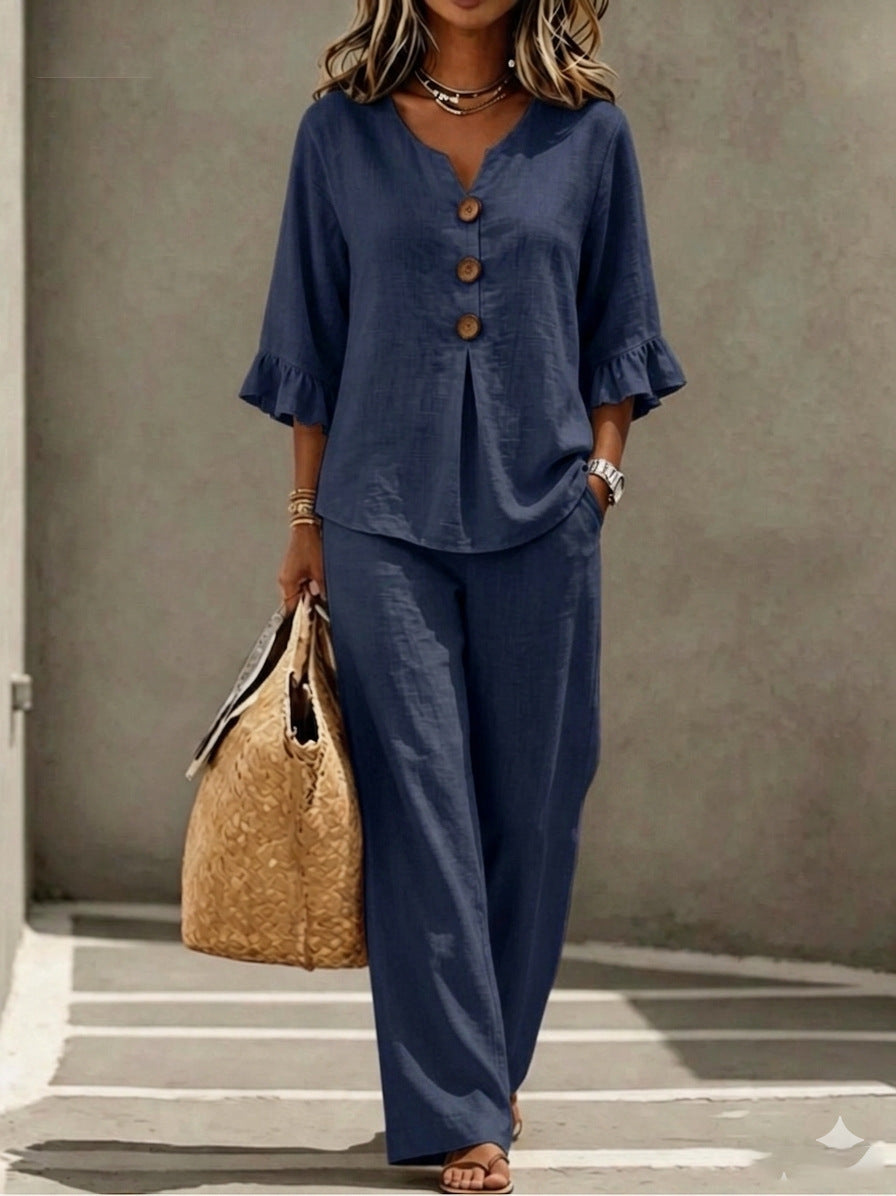Arrivée des femmes Bouton occasionnel-Down V-Neck Rufflé trois quarts de manche supérieur et pantalons deux-P