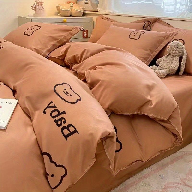 Draps de lit et couverture de couette en coton lavé doux Ensemble de quatre pièces