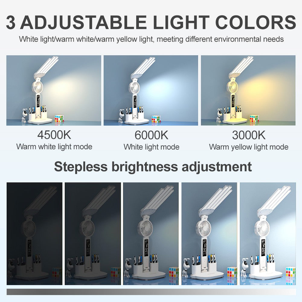 Lampe de lecture de bureau LED 4 têtes avec horloge d'éventail réglable lampe tactile rechargeable