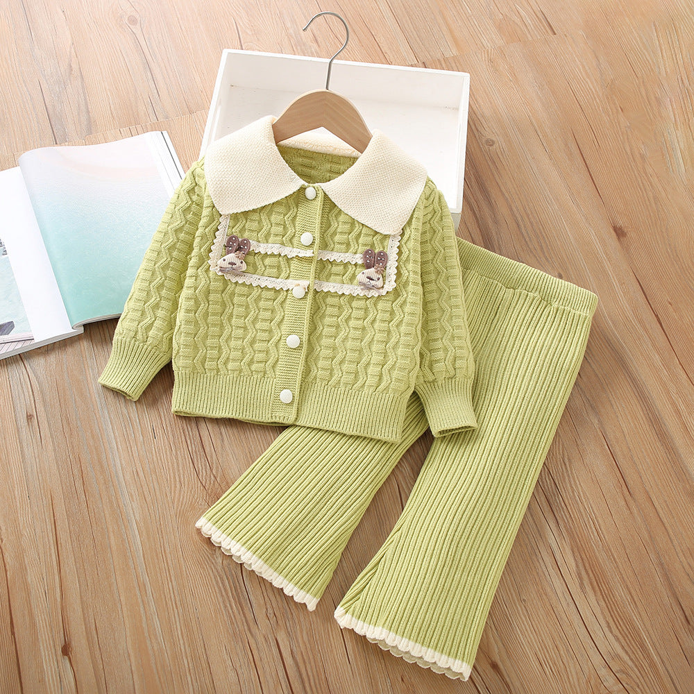 Cardigan tricoté et pantalons de style occidental Set en deux pièces pour bébé fille
