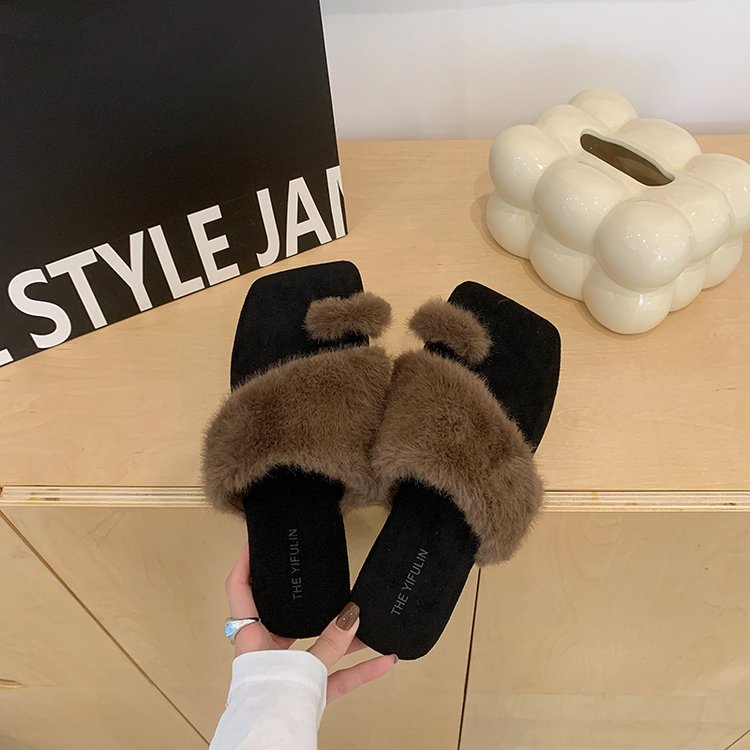 Femmes Carré orteil Croix Bande de fourrure Diapositive Léopard Imprimer Faux Fur Pantoufles plates Casual Indoo