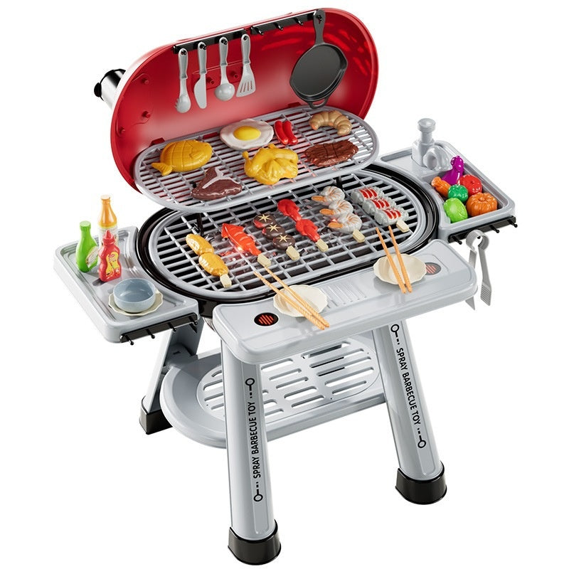 Children's play kitchen with pretend cooking station and BBQ