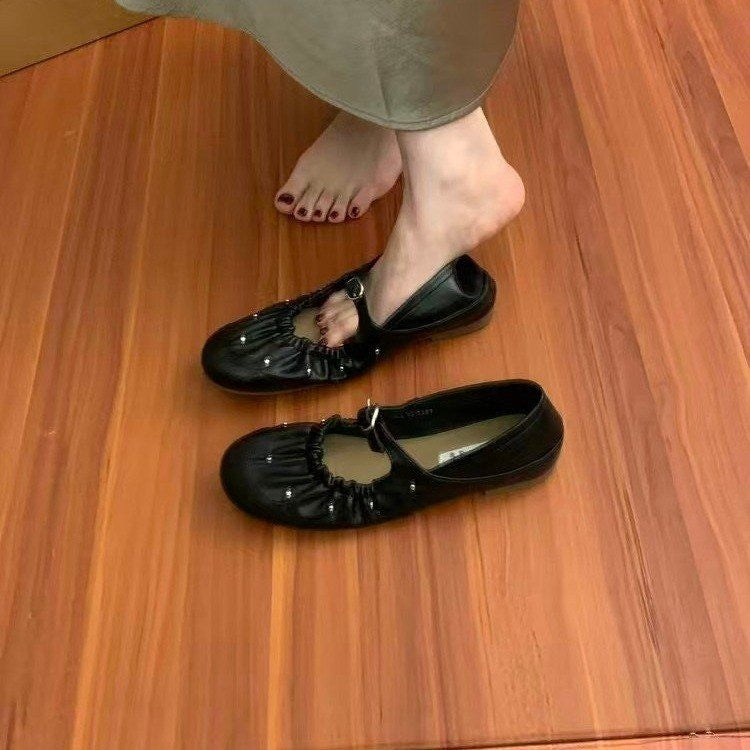 Chaussures de grand-mère en cuir souple à plat retro orteil souple printemps polyvalent et non lassant