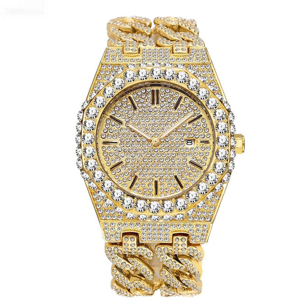 Homme Hip Hop Iced Diamond Mode Cuban Link Chaîne Horloge Quartz