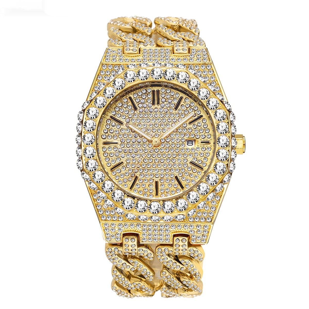 Homme Hip Hop Iced Diamond Mode Cuban Link Chaîne Horloge Quartz