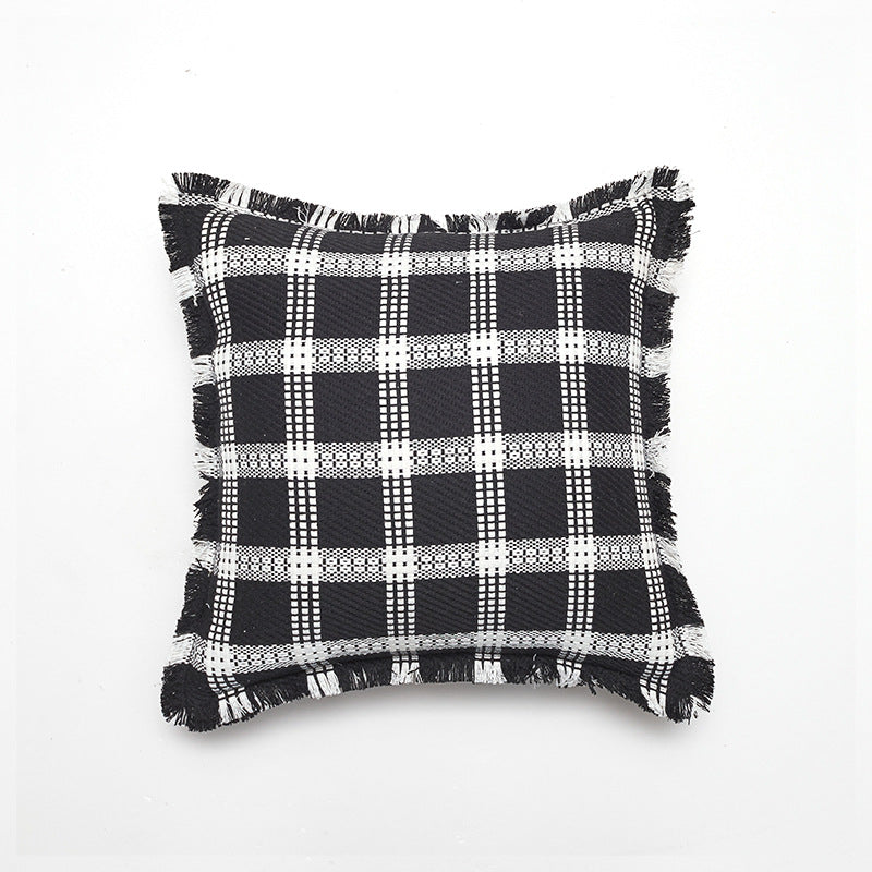 Couvercle d'oreiller à grille en polyester-cotton de style Chanel avec garniture en tassel