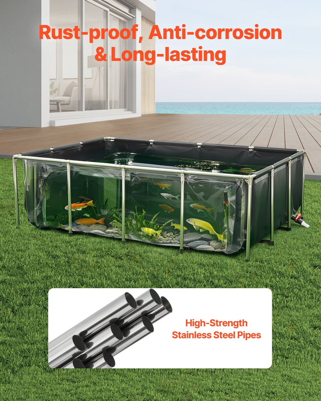 Toile Fish Pond au-dessus du sol Koi réservoir 470 Gal avec panneau clair
