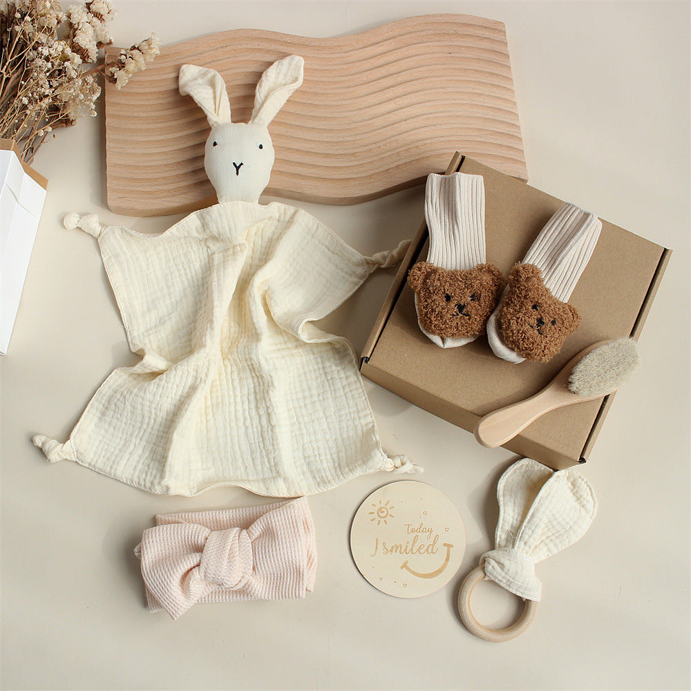 Bébé lapin Lion Appasing Serviettes Chaussettes Saliva Serviette Laver Cadeau Boîte Newborn Bite Anneau Cheveux B