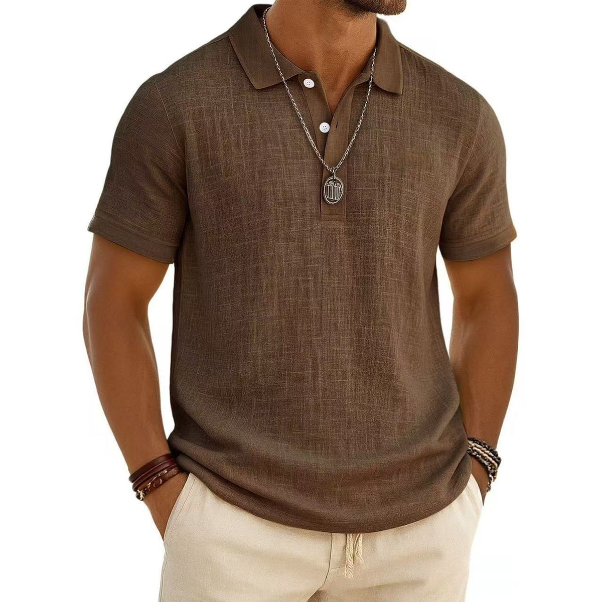 Trendy Men's Casual Solid-color Summer Bamboo-ribbed Coton Polo manches courtes Chemise Homme