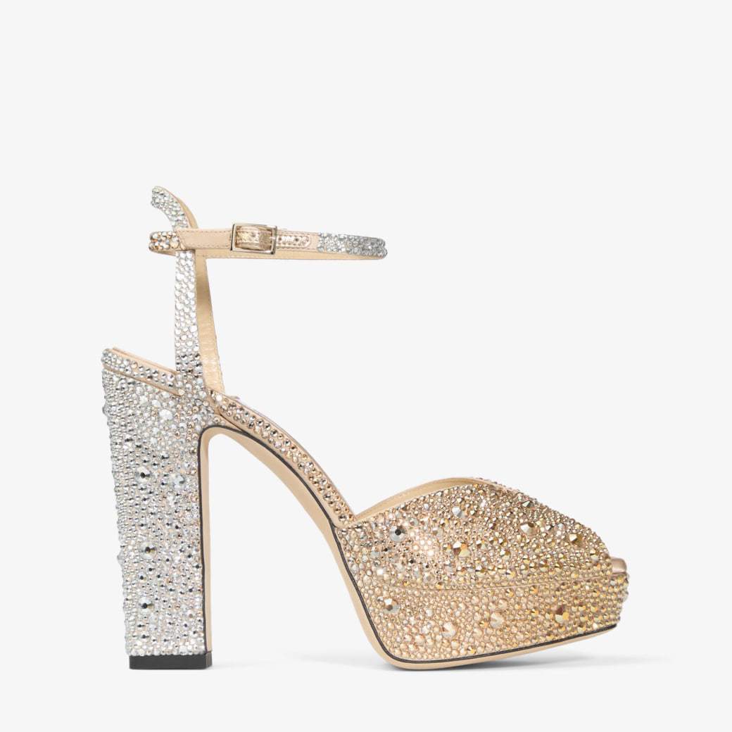 Sandales à haute hauteur à bouche de poisson décorées en strass avec une épaisse semelle munie d'un canon H