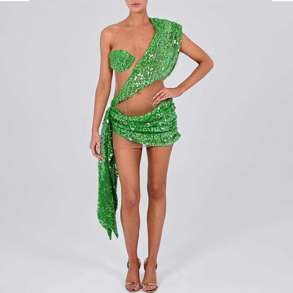 Sexy See-through Sequins Élégante robe de couture épaule