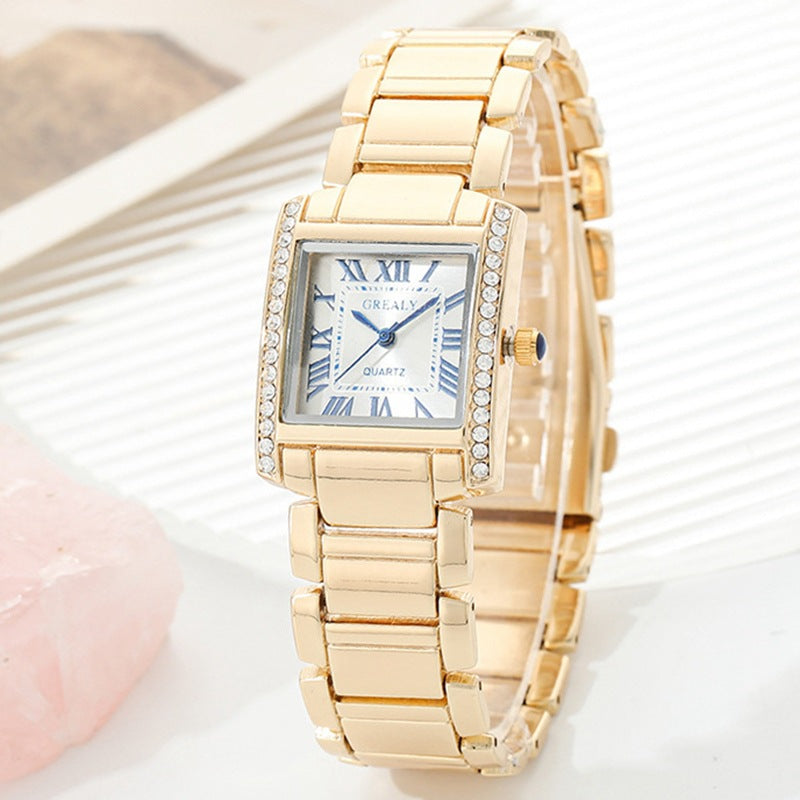 Montre femme à la mode Chronographe rectangulaire avec chiffres romains et des Accents de diamant