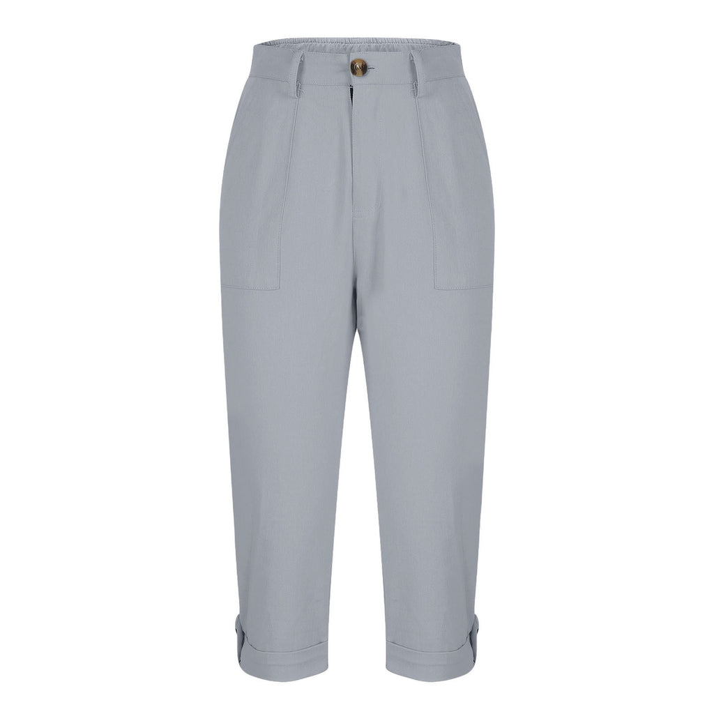 Vêtements de travail en couleur solide pour femmes Pantalons taille bouton Pantalons oreille Design Pantalons de jambes courbés pour femmes