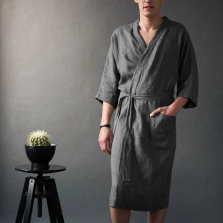 Homme et femme Long Solid Color Lin Pajamas Robe peignoir